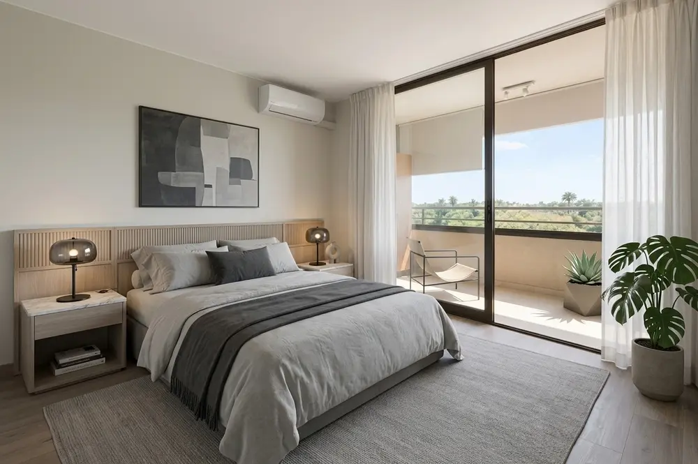 El mismo dormitorio amoblado virtualmente en estilo contemporáneo